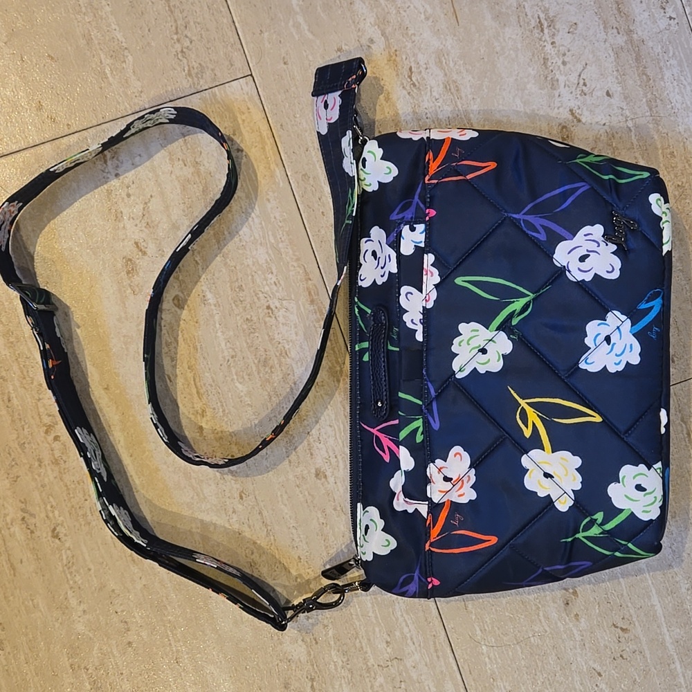LUG Navy Floral Print Design Quilted Versatile Crossbody Bag